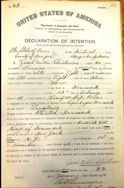 Jacob Christenson's naturalization paper